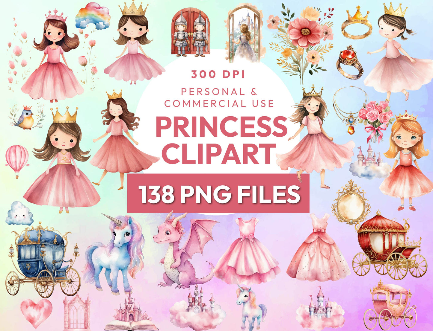 138 Watercolor Princess Clipart PNG Bundle, Fairytale, Unicorn, Prince Clipart, Castle, Carriage Knight Castle Clipart, Dragon, Horses & More