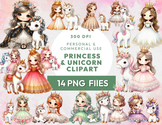 14 Princess and Unicorn Clipart Bundle, Princess Unicorn PNG, Magical Clipart, Mystical Images, Fantasy Sublimation, Instant Download