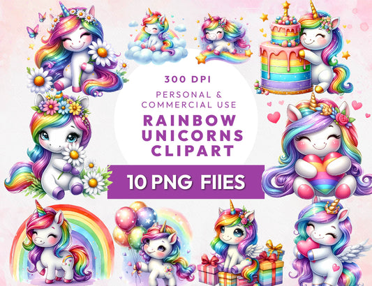 10 Rainbow Unicorns Clipart PNG Bundle, Cute Unicorn PNG, Magical Horse, Kawaii Animal Cartoon Clipart, Commercial Use, Instant Download