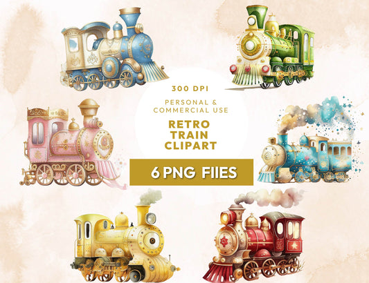 6 Watercolor Retro Train Clipart Bundle, Classic Vehicles Vintage Clipart, Transparent PNG 300Dpi, Train Sublimation Design Digital Download