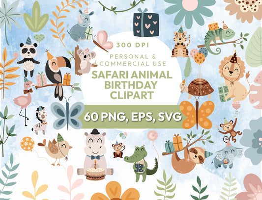 60 Cute Birthday Safari Animals Clipart, Jungle Baby Animal PNG, Watercolor Animal Clipart, Baby Shower Clipart, Lion Tiger Monkey Girrafe