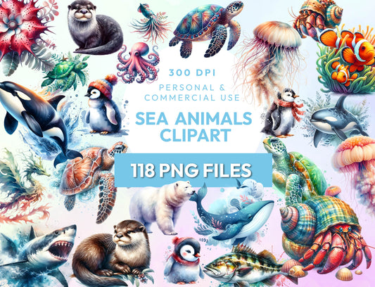 118 Cute Under The Sea Watercolor Animals Clipart PNG Bundle, Sea Animals Clipart, Sea Life, Instant Download 300dpi Images, Commercial use