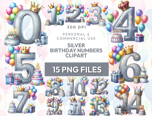 15 Silver Foil Balloons Clipart, Foil Balloon Birthday Number PNGs for Junk Journal, Paper Crafts, Scrapbook, Gift Card, Commercial Use