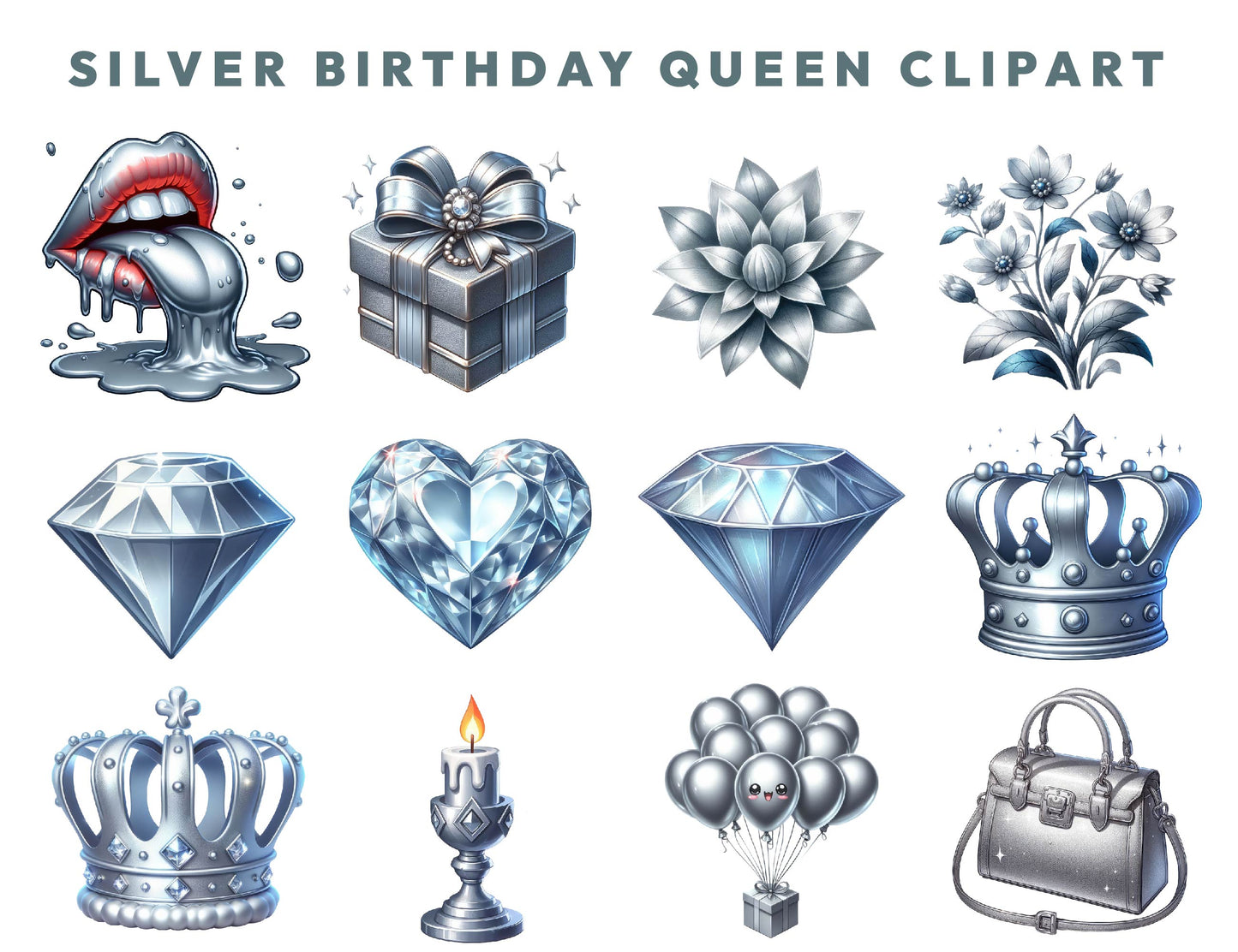 25 Silver Queen Birthday Clipart Bundle, Queen Accessories, Heels, Lips, Handbags, Junk Journal, Paper Crafts, Scrapbook, Commercial Use