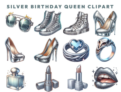 25 Silver Queen Birthday Clipart Bundle, Queen Accessories, Heels, Lips, Handbags, Junk Journal, Paper Crafts, Scrapbook, Commercial Use