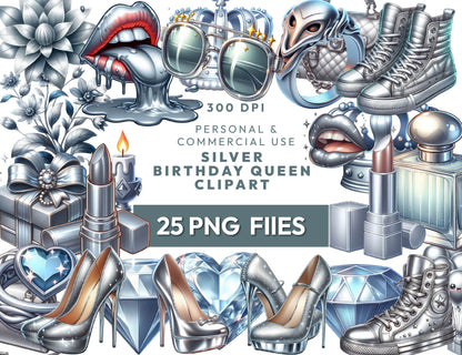 25 Silver Queen Birthday Clipart Bundle, Queen Accessories, Heels, Lips, Handbags, Junk Journal, Paper Crafts, Scrapbook, Commercial Use