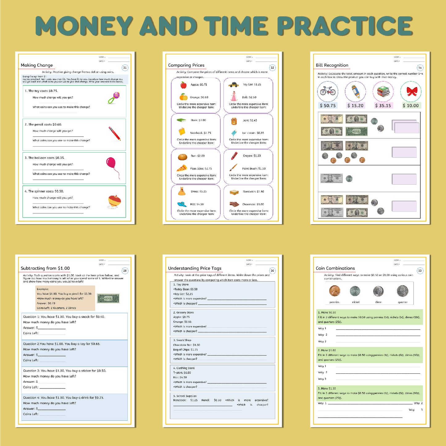 Telling Time & Counting Money: Step-by-Step Guide for kids 6-9: Money & Time practice workbook, time & money passages, time & money conversations, shopping problems etc