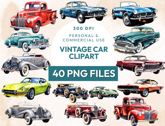 40 Watercolor Vintage Cars Clipart PNG Bundle, Retro Car PNG, Classic Vehicle Clipart, 90s Vibes, Sublimation Design, Instant Download