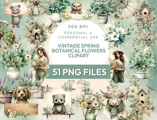 51 Vintage Spring Botanical Flowers Clipart Bundle, Plants PNG, Gardener, Greenery, Floral Wreath, Transparent, Instant Download