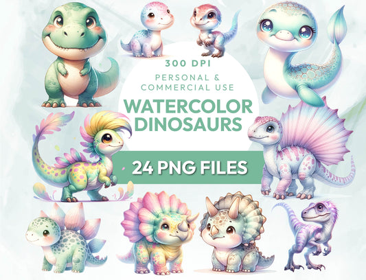 24 Watercolor Baby Dinosaur PNG Bundle, Dino Theme Baby Birthday Party Printables, Cute Dinosaur Clipart Sublimation Design Instant Download