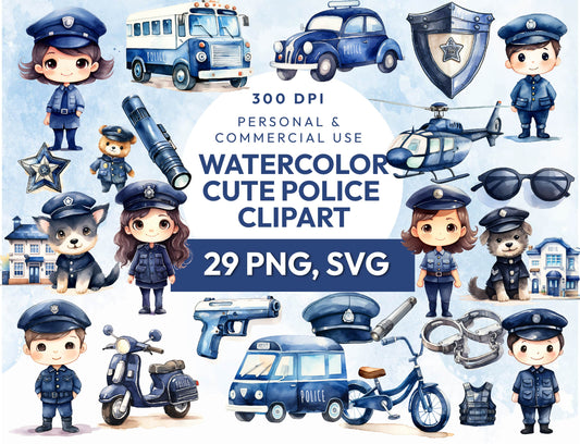 29 Watercolor Blue Police PNG Clipart, Police Station, Animals Vehicles, Cute Animals Baby Shower, Baby Boy Nursery, Bear and Dalmatian