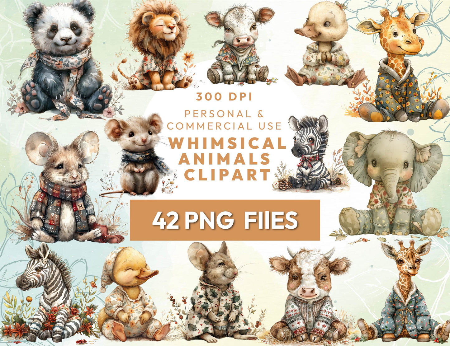 42 Whimsical Animals Clipart Bundle, Quirky Animals Clipart, Cottagecor Clipart, Memory Books, Card Making, Dark Fantasy, Commercial Use