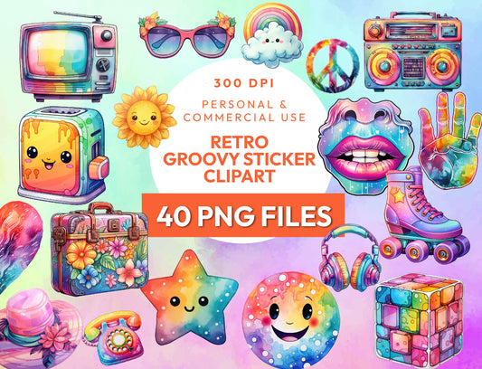 40 Watercolor Retro Groovy Sticker Clipart Bundle, 80 Retro Hippie Graphics, Vintage Retro Illustration, Sublimation Design Instant Download